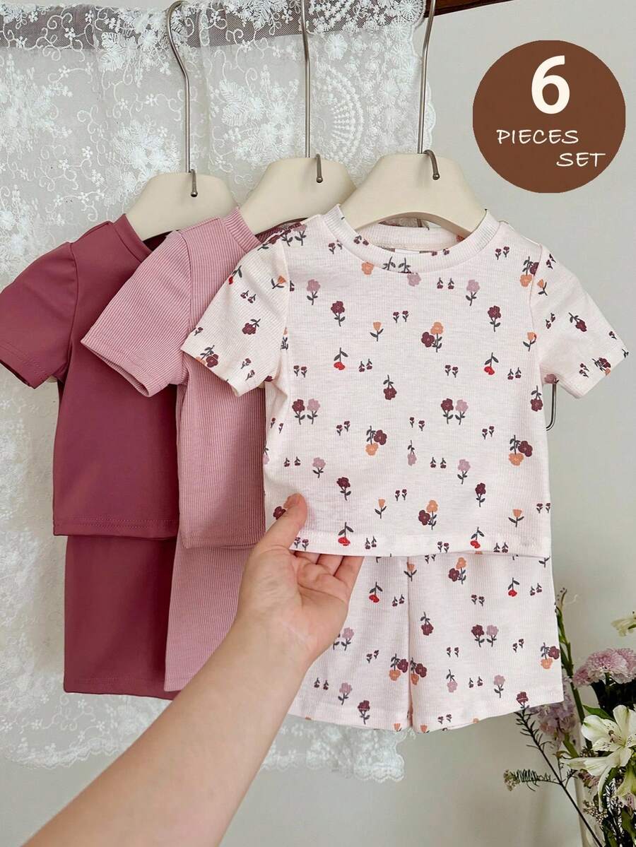 LMoss Kids 6件套女婴可爱休闲碎花弹力针织连体衣套装 - 彩色 - 查看 1