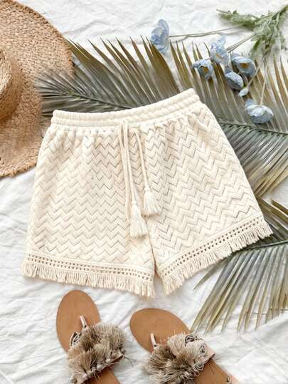 Roelina Women's Elegant Vacation Knit Hollow-Out Jacquard Fabric Splice Tassel Trim Pocket Loose Shorts, Spring/Summer