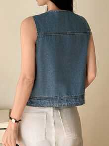 Women's V-Neck Sleeveless Embroidered Elegant Denim Vest, Vacation Style Summer - Light Wash - View 5
