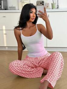 ZzzCrew 女士清新条纹上衣和格子裤睡衣套装 - 粉色 - 查看 7