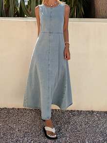 Đầm denim nữ cổ tròn dáng rộng bằng cotton, kiểu dáng thường ngày. - Rửa nhẹ - Xem 6