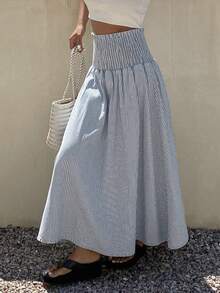 Livesso Cotton Striped Loose Denim A-Line Skirt For Women - Blue - View 5