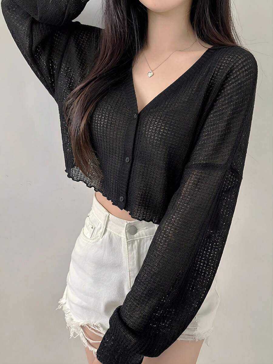 Women's Solid Color V-Neck Drop Shoulder Long Sleeve Single-Breasted Casual T-Shirt - Black - View 1