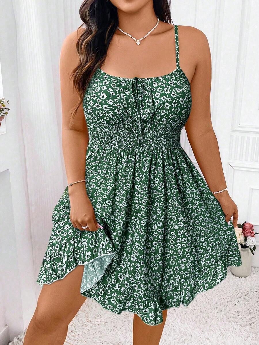 Elenzga Đầm hai dây họa tiết hoa nhí Plus, thắt nơ phía trước, xếp nếp ở gấu, thích hợp cho kỳ nghỉ biển dành cho nữ. - Màu xanh lá cây đậm - Xem 1