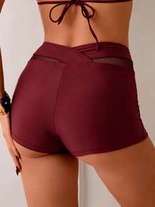 SHEIN Swim Women's Summer Sports Mesh Patchwork Shorts - Burgundy - View 2