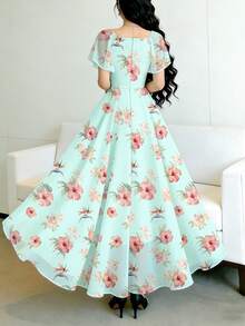 Modelyn Vestido floral verde claro com estampa de hibisco, decote quadrado e mangas curtas. Elegante e moderno, com cintura marcada, perfeito para férias de verão, uso diário e resorts de praia. Ideal para o verão, férias e praia. - Multicolorido - Ver 2
