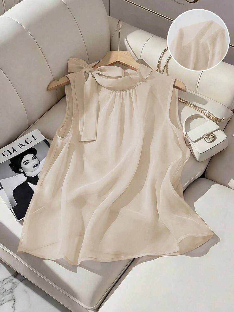 GlowEve Neue Mode für Frühling/Sommer, Trägertop mit Seitenbindung und Knöpfen, ärmellos, französische elegante und vielseitige Bluse für Frauen, Damenblusen und -tops, Damenkleider, Ysk Kleidung, Damenkleidung, Frauenkleidung, Bluse für Frauen, elegante und klassische Damenblusen und -tops, Damenblusen für den Sommer - Aprikosenfarben - Übersicht 1