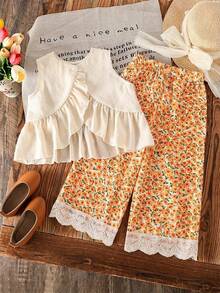 Emery Rose Kids Emery Rose Kids مجموعة ملابس علوية أكمام بلا أكمام ذو رقبة دائرية وبنطال طويل لون أحادي للفتيات الصغيرات، 2 قطعة - لون برتقالي - مشاهدة 5