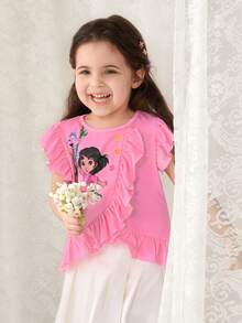 DORA | SHEIN Áo thun nữ cổ tròn in hình hoạt hình, viền bèo nhún, kiểu dáng thường ngày, đa năng. - Hồng - Xem 5