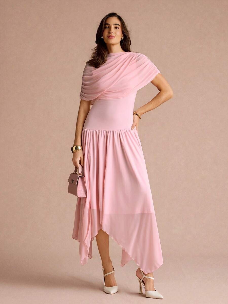 Enchnt Women's Summer Elegant Romantic Solid Color Asymmetrical Hem Dress Wedding Cocktail Night Out Party Brunch Garden Party Day Party Soft Pink - Pink - View 1
