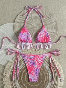 Swim Mod Traje de baño de 2 piezas con estampado de conchas, decoración de conchas, conjunto de vacaciones de playa minimalista y de moda para el verano - Multicolor - Ver 3
