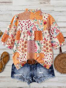 Linhara Plus Size Ditsy Floral Shirt, Comfortable Elegant Vintage, Suitable For Vacation, Party Vacation, , Versatile, Exquisite Design Beige Autumn - Multicolor - View 4