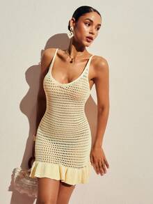 Poéselle Women's Crochet Knit Mesh Mini Dress Spaghetti Strap Ruffle Hem Pale Yellow,Summer,Boho,Beach Vacation,Holiday,Holiday Bodycon Sweater Dress Cover Up - Yellow - View 2