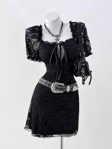 SHEIN Tall CURVE Gaun Lengan Pendek Leher Pita Renda Ukuran Besar - Hitam - View 6