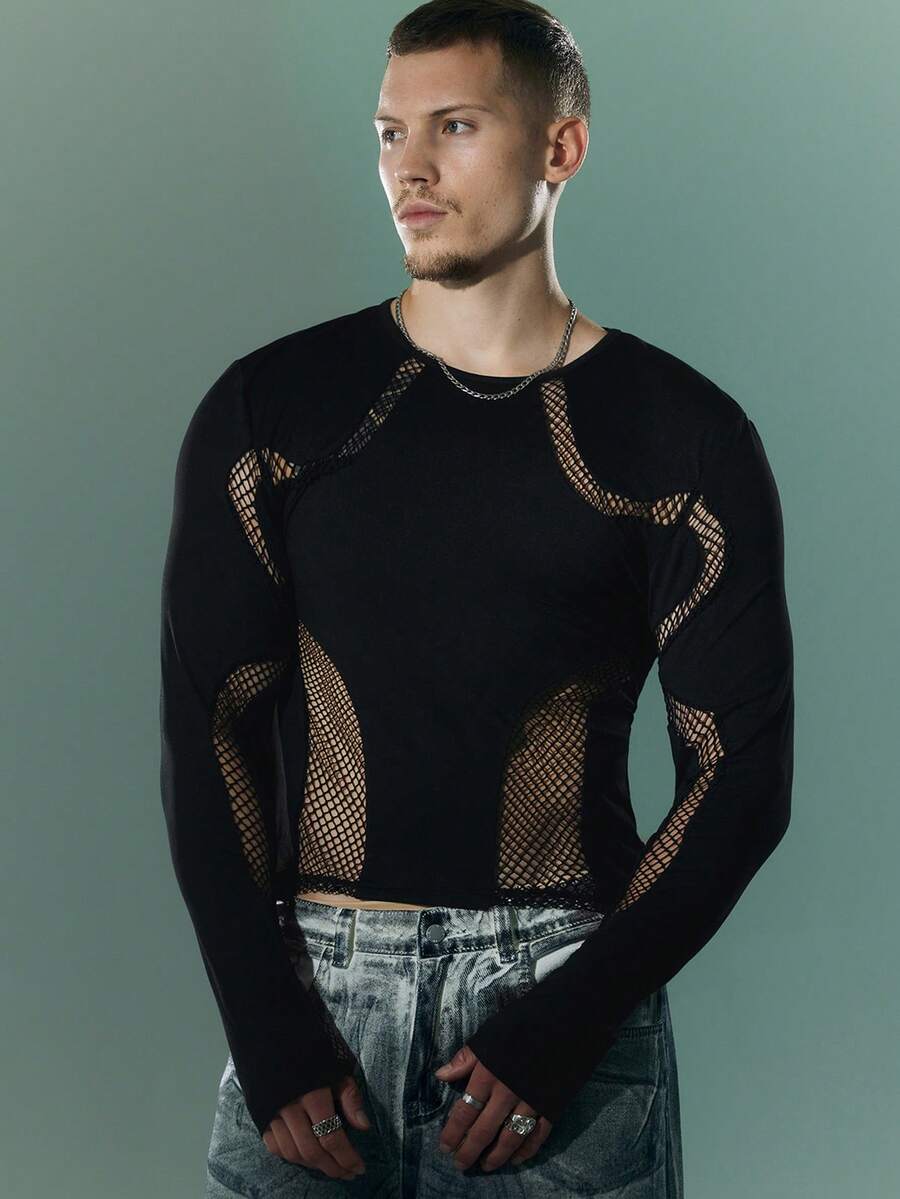 FeverCity Men's Solid Color Mesh Patchwork Crew Neck Long Sleeve T-Shirt - Black - View 1