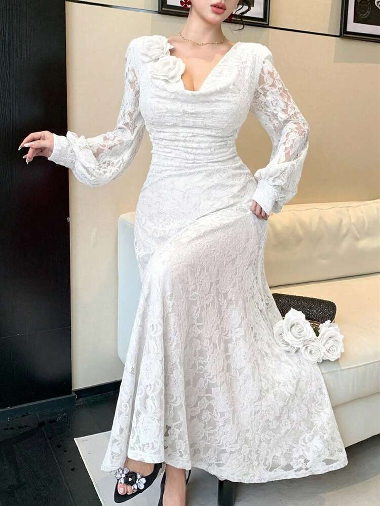 Women's Elegant Solid Color 3D Floral Ruffled Neck Lantern Sleeve Waist Cinched Long Dress