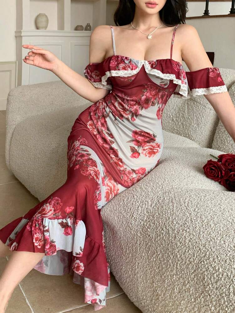 Women's Summer Spaghetti Strap Off-Shoulder Floral Lace Patchwork Fitted Waist Dress, Elegant Resort Style
