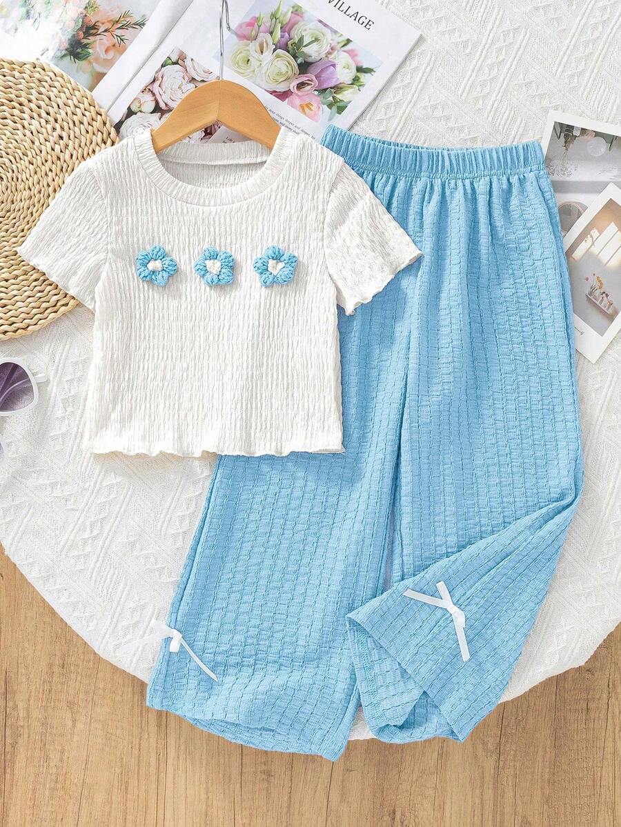 Genkimix Kids 2pcs/Set Young Girls Textured Tee With 3D Floral Decor & Casual Long Pants, Suitable For And Casual Outings