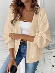 EMERY ROSE Women's Cropped Cardigan With Pockets, Contrast Color, Long Sleeve - Apricot - View 1