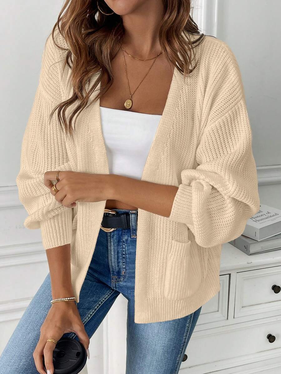 EMERY ROSE Women's Cropped Cardigan With Pockets, Contrast Color, Long Sleeve - Apricot - View 1
