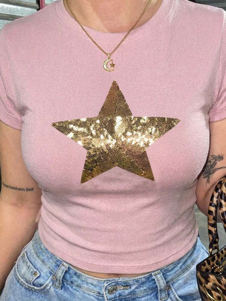 Dazy Plus Plus Size Women Tight Crew Neck Sequin Star Short Sleeve T-Shirt, Sexy & Pink, Spring/Summer