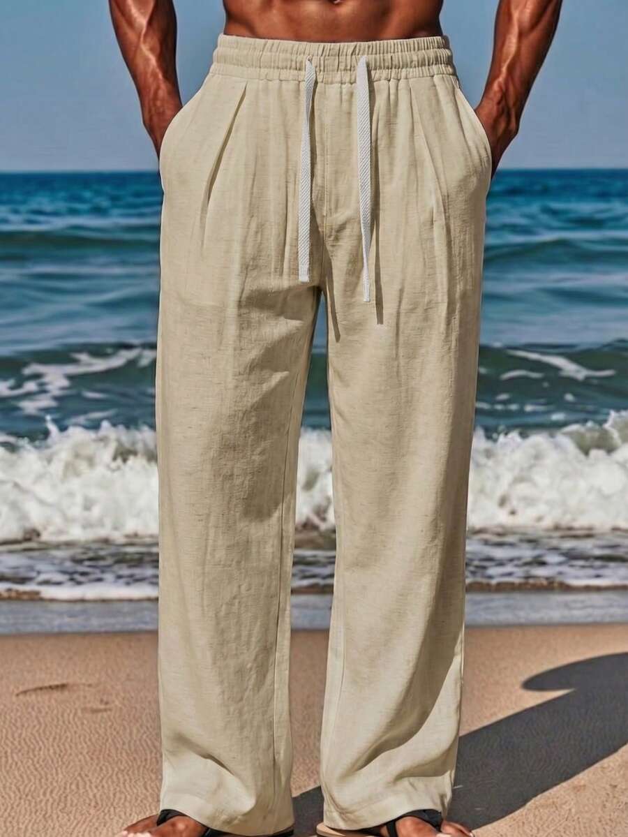 Manfinity RSRT Pantalones casuales de unicolor para hombres, versátiles para vacaciones y días festivos - Amarillo Melón - Ver 1