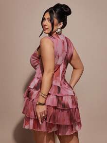 SHEIN BAE Plus Size Color Block Ruffle Hem Romper For Women,Summer Elegant Cerise Pink Night Out Club Outfits,Curve Festival Party Beach Birthday Vacation Y2k - Pink - View 2
