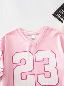SHEIN Vestido casual suelto de punto de unicolor con patrón numérico en escote en V para niña - Rosa - Ver 5
