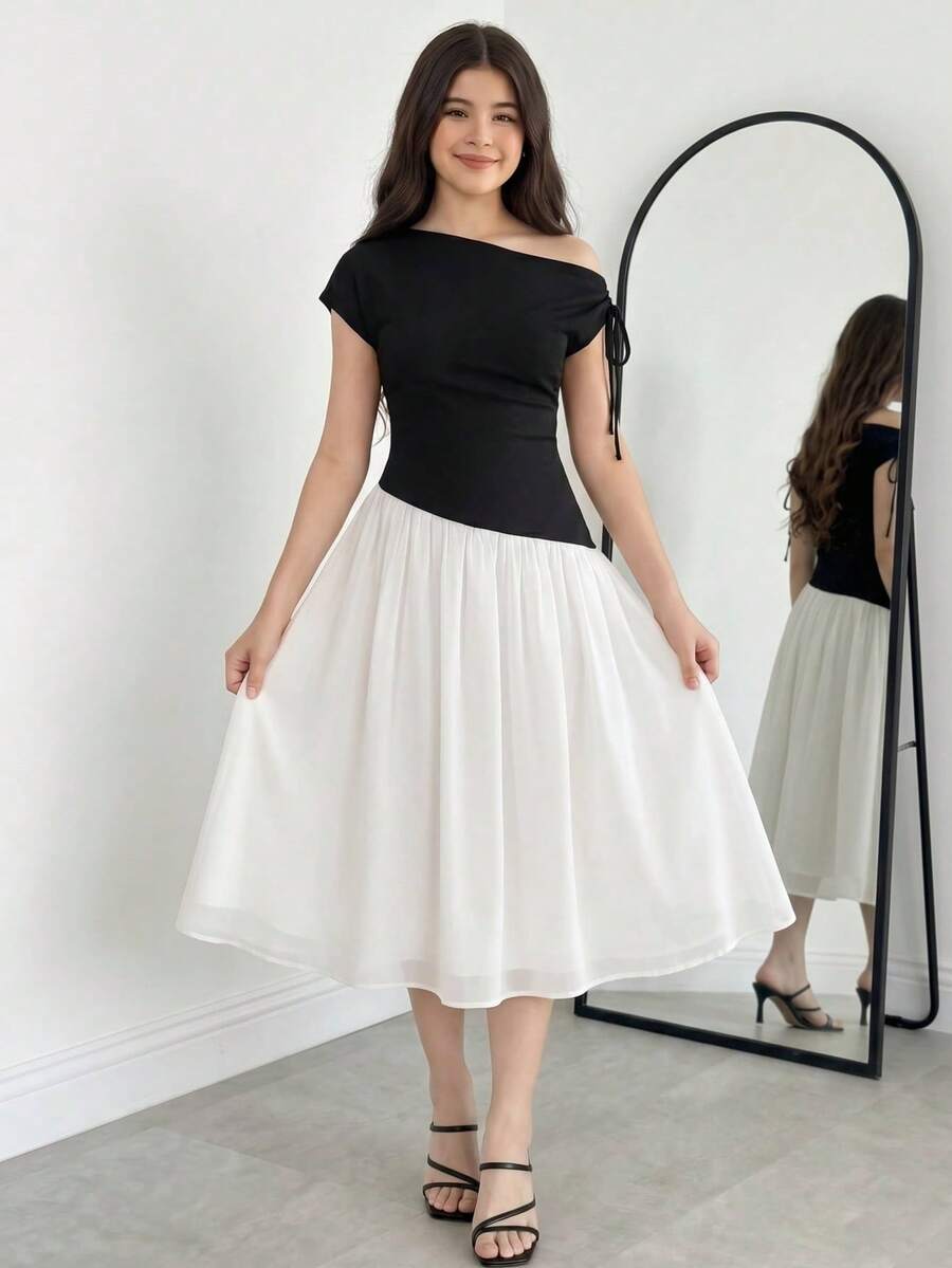 Teen Girl Casual Everyday Comfortable Fitted Splice Contrast Color Asymmetric Hem Dress - Black and White - View 1