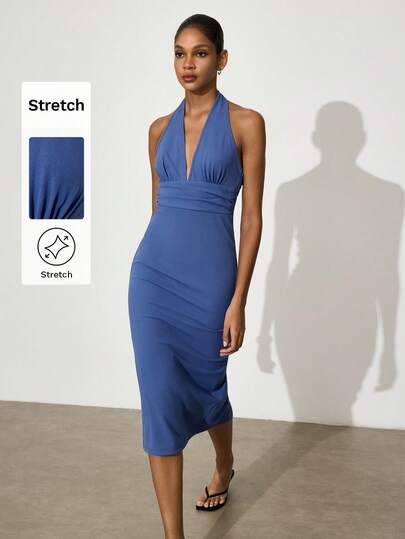 Gossip Girl X SHEIN SHEIN Maija Blue Women's Mid-Length Halter Neck Fitted Waist Sleeveless Dress São João Women's Clothing Mother's Day Zanea Dress For Woman Ladies Dresses Body Fitting Dress Stretchy Dresses For Women High Quality Dress