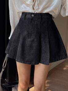 DAZY Women's Regular Waist Pleated Skirt, Casual Denim Mini Skirt Summer - Dark Wash - View 4