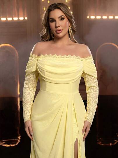 Glamrae Plus Size Elegant Romantic Lace Patchwork Chiffon Off-Shoulder Flare Sleeve Pleated Irregular Hem Mermaid Maxi Dress With Train, Suitable For Evening Party, Valentine's Day Date, Wedding, Gala, Holiday Reception Dress For Women Special Occasion Evening Wear Special Occasion Dresses For Ladies Reception Gown Bridal Dresses For Women