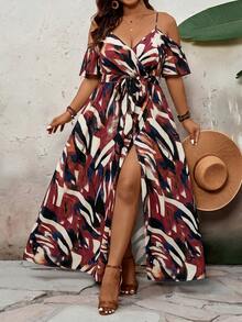 SHEIN VCAY Plus Size Open Shoulder Short Sleeve Holiday Dress - Multicolor - View 1
