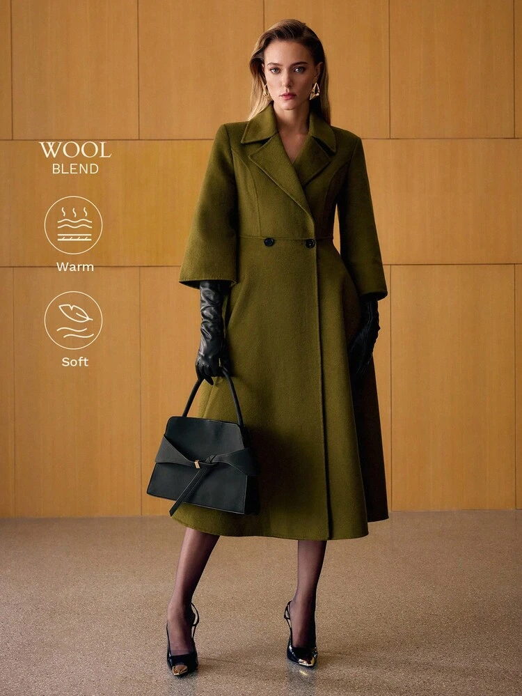 WOOL LAPEL COLLAR DOUBLE BREASTED PLACKET OVERCOAT