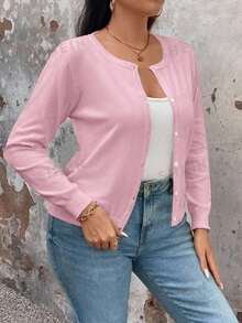 EMERY ROSE Plus Size Casual Versatile Solid Color Cardigan - Pink - View 6