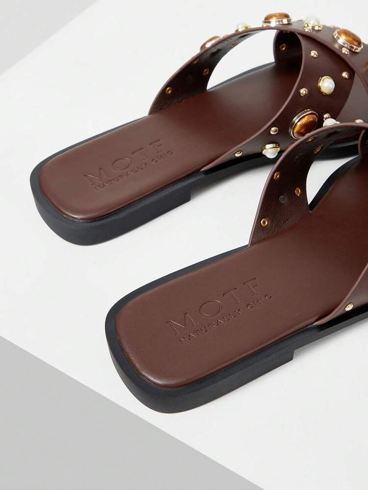 SPRING AND SUMMER NEW OUTDOOR WOMEN'S FLAT BOTTOM SQUARE HEAD RHINESTONE SIMPLE SLIPPERS WOMEN'S THICK BOTTOM NON-SLIP OPEN-TOED CASUAL VERSATILE BEACH COOL SLIPPERS