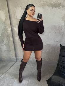 女士时尚性感纯色不对称领迷你连衣裙 - 咖啡棕 - 查看 6