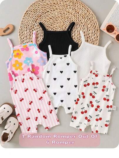 [Ngẫu nhiên 6 chiếc, Gửi 1 chiếc] Áo liền quần cho bé gái kiểu dáng vintage dễ thương, màu hồng sọc, nơ, quả anh đào, trái tim, họa tiết hoa, phong cách Ins, thích hợp cho mùa xuân/hè, trang phục hè dễ thương cho dã ngoại, đồ hè cho trẻ em, đồ đi chơi hè, phong cách Hàn Quốc, thoải mái dễ chịu, trẻ em sành điệu, Y2K, Kawaii, dự tiệc, hàng ngày, kỳ nghỉ, dễ thương, thoải mái, đi chơi, hè 2026, Cottagecore, thường ngày cuối tuần, thư giãn.