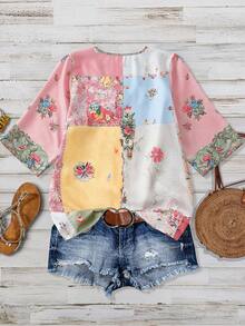 Linhara Áo kiểu nữ cỡ lớn phong cách Bohemian phối họa tiết cổ điển, cổ chữ V, phối ren, tay lỡ 3/4, viền bèo nhún, dáng rộng, thoải mái, thích hợp đi nghỉ mát, đi làm, đa năng. Áo sơ mi mùa hè phong cách Pháp cổ điển. - Nhiều màu - Xem 2