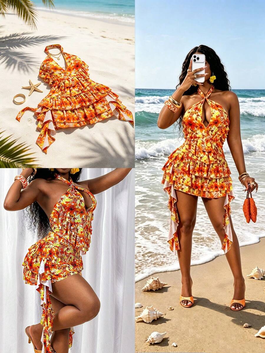 Glyssa Sexy Women's Hollow Out Printed 2 Pieces Set, Random Cut - Multicolor - View 1
