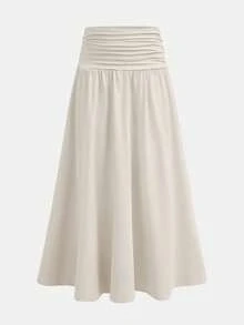 SHEIN Conjunto elegante de punto color albaricoque para niña preadolescente con top sin mangas de cuello mao ajustado con fruncido en la cintura y falda midi - Amarillo - Ver 6