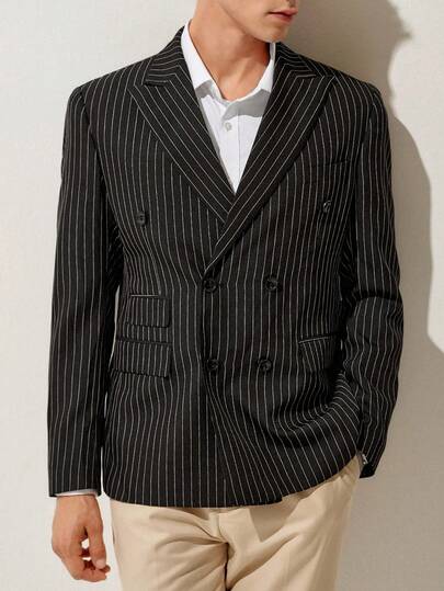 RONVEXI 1pc Men's Striped Double-Breasted Suit Jacket