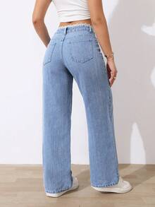 SHEIN Tall Quần jean ống rộng cạp cao kẻ sọc dọc dành cho nữ, trang phục thường ngày thanh lịch và thoải mái cho mùa hè. Quần jean ống rộng kẻ sọc màu đen thời trang công sở, cạp ren thanh lịch với chi tiết phối ghép, thích hợp cho mùa hè. - Màu xanh nhạt - Xem 2
