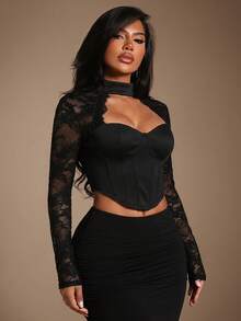SHEIN x Luisa Sonza Radiana Áo liền thân ren đen gợi cảm, thanh lịch, độc đáo dành cho nữ, áo ren tay dài, áo xuyên thấu, áo cổ khoét sâu, áo cổ vuông, thích hợp cho buổi tối, hẹn hò, tụ họp, sinh nhật, tiệc tùng, câu lạc bộ, tiệc cocktail, dạ hội, buổi hòa nhạc, sự kiện âm nhạc, đi chơi hàng ngày. - màu đen - Xem 3