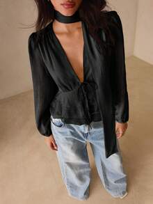 Glamine Cream-Colored Chiffon & Silver Thread Detachable Ruffle Hem Elegant Blouse, Suitable For Commute, Date, Daily Wear In Spring/Summer - Black - View 2