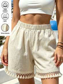 Lacomfia Pantalones cortos de mujer talla grande de unicolor con dobladillo de flecos elástico en la cintura - Albaricoque - Ver 1