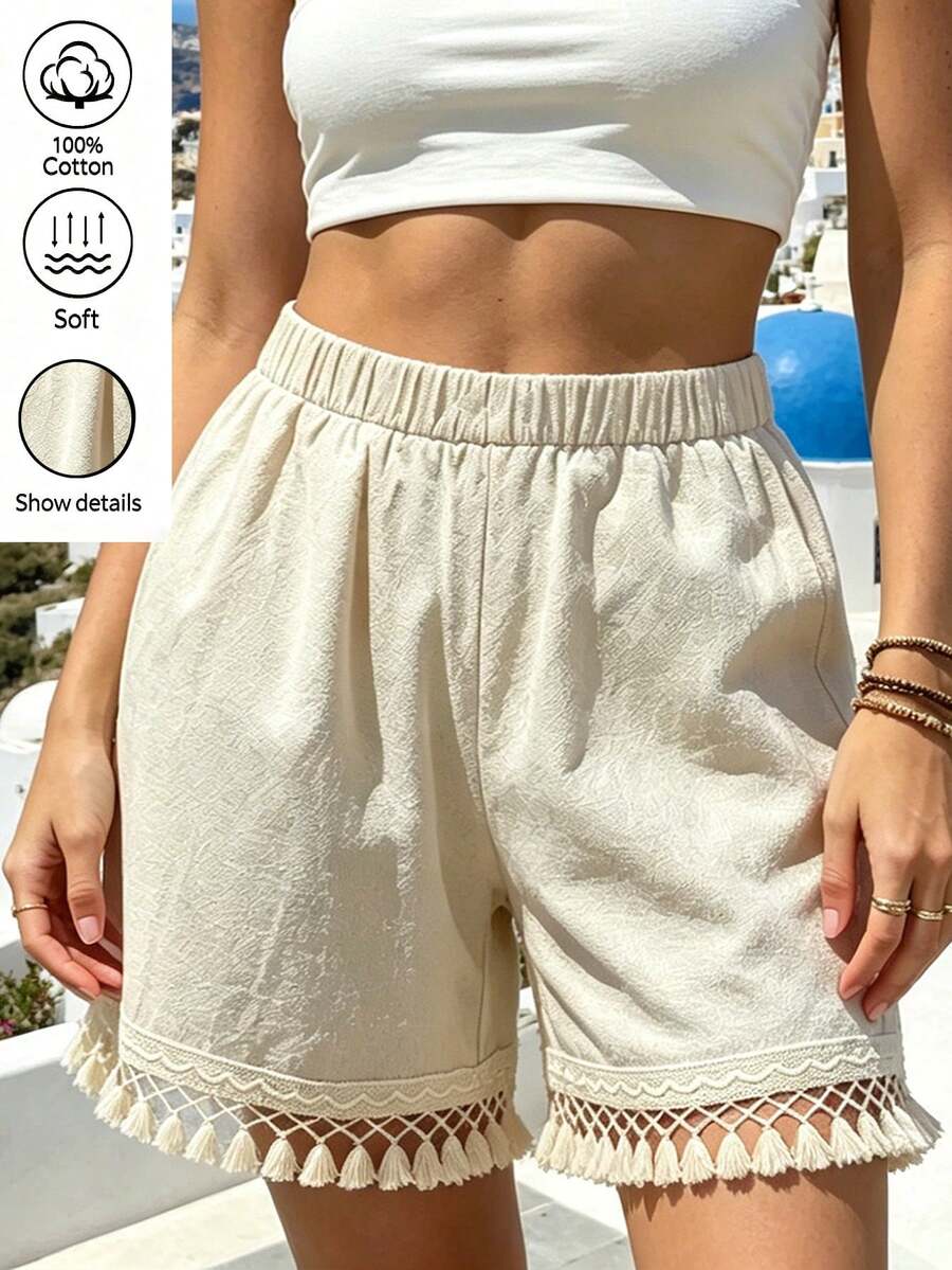Lacomfia Pantalones cortos de mujer talla grande de unicolor con dobladillo de flecos elástico en la cintura - Albaricoque - Ver 1