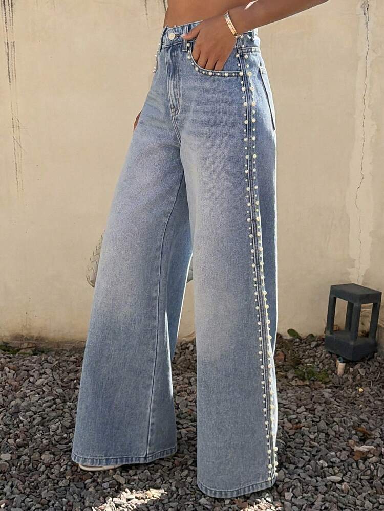 Women's Regular Waist Pearl Beaded Loose Straight Leg Casual Jeans