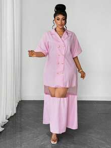 Plus Size Striped Cotton Linen Blend Double-Breasted Mesh Patchwork Short Sleeve Dress - Pink - View 1