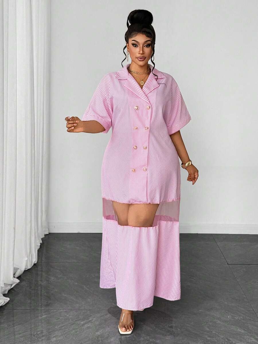 Plus Size Striped Cotton Linen Blend Double-Breasted Mesh Patchwork Short Sleeve Dress - Pink - View 1